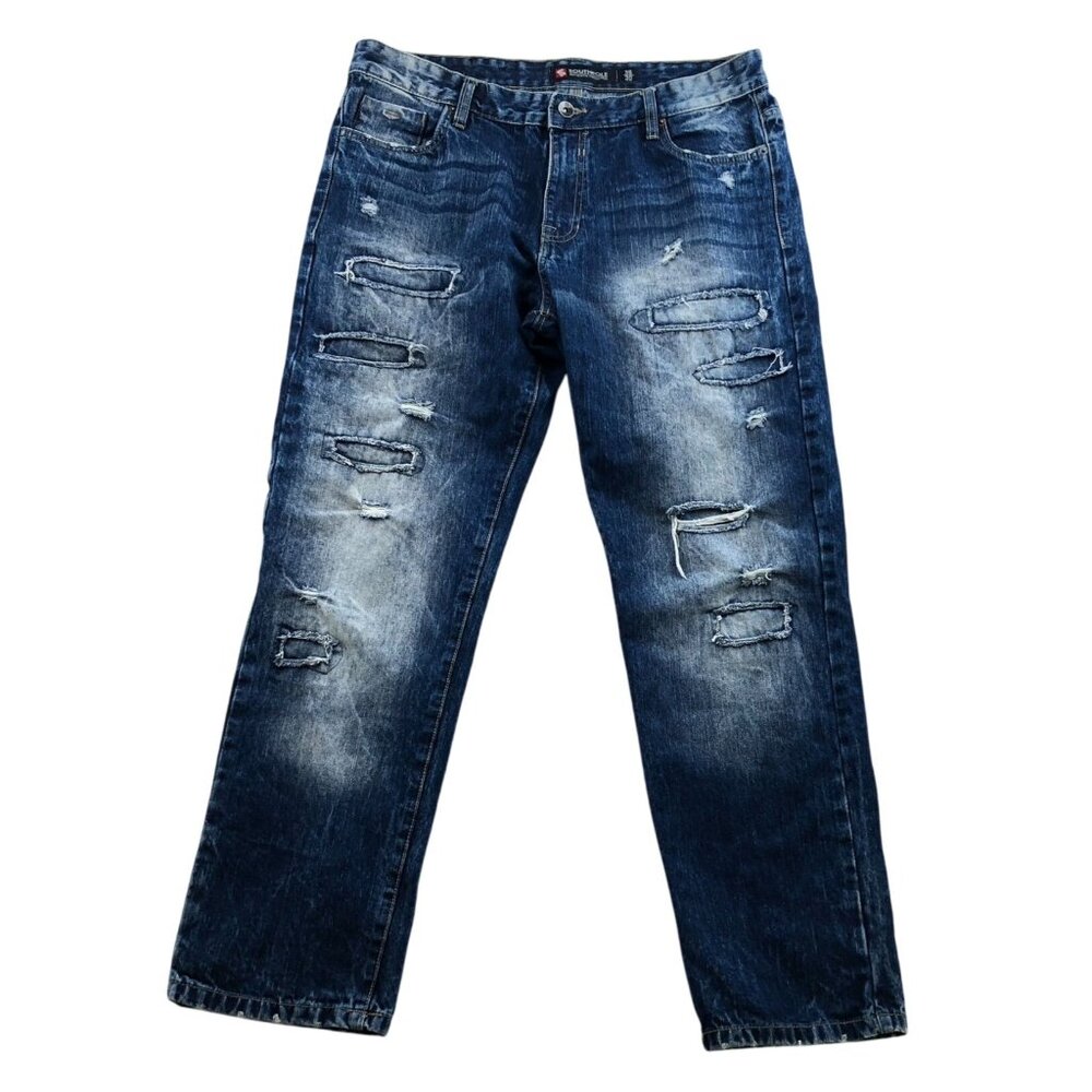 Southpole Mens Jeans Size 36x30 Distressed Straight-Leg Denim Medium Wash Ripped